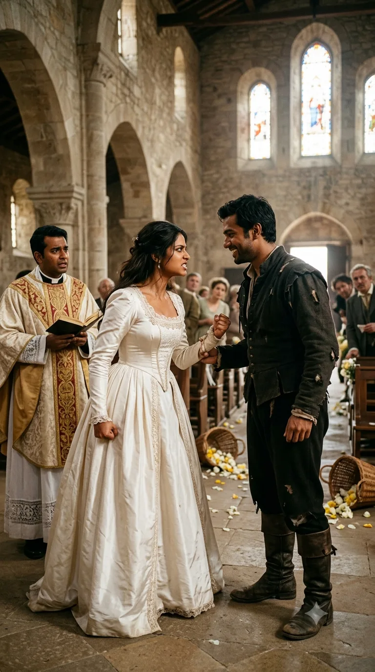 At their own chaotic wedding, Petruchio grins unbothered while his furious bride Katherina glares back at him, guests in disarray around them.