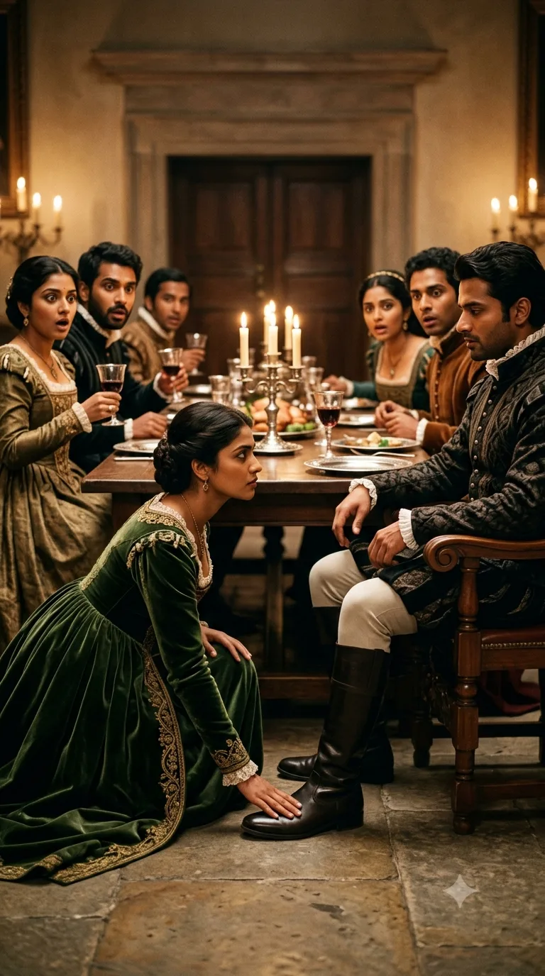 At the closing banquet, Katherina kneels and places her hand beneath Petruchio's boot in a public show of obedience, as the other wives and husbands watch in astonishment.