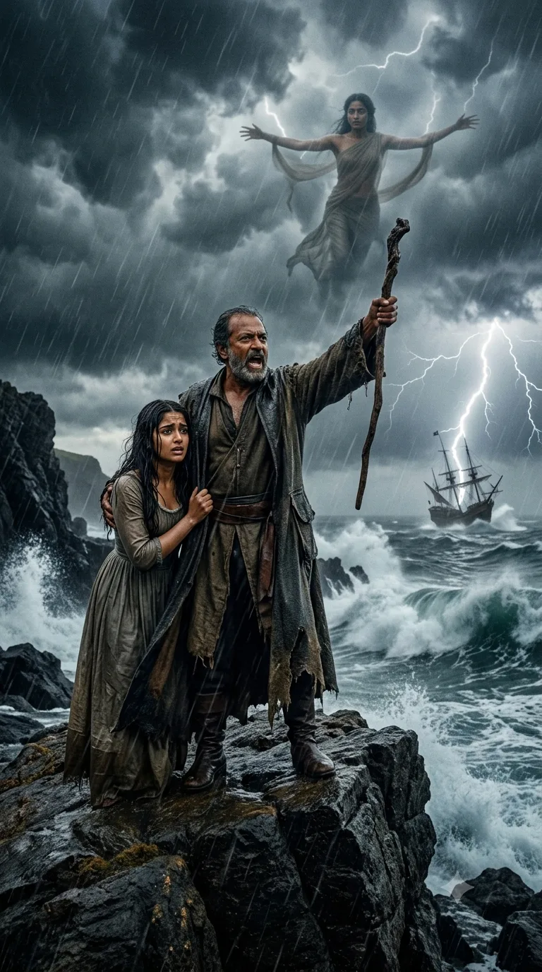 On the island shore in the grip of the conjured storm, Prospero stands with his staff raised toward the breaking ship, Miranda beside him watching in horror, the spirit Ariel visible in the sky above.