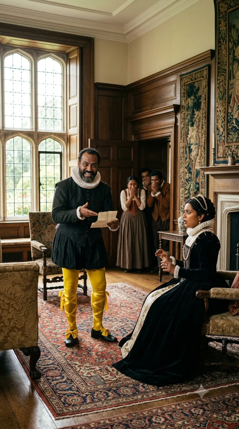 Malvolio, grinning oddly in yellow stockings and cross-gartered legs, presents himself to a bewildered Countess Olivia while Maria and the servants smother their laughter behind him.