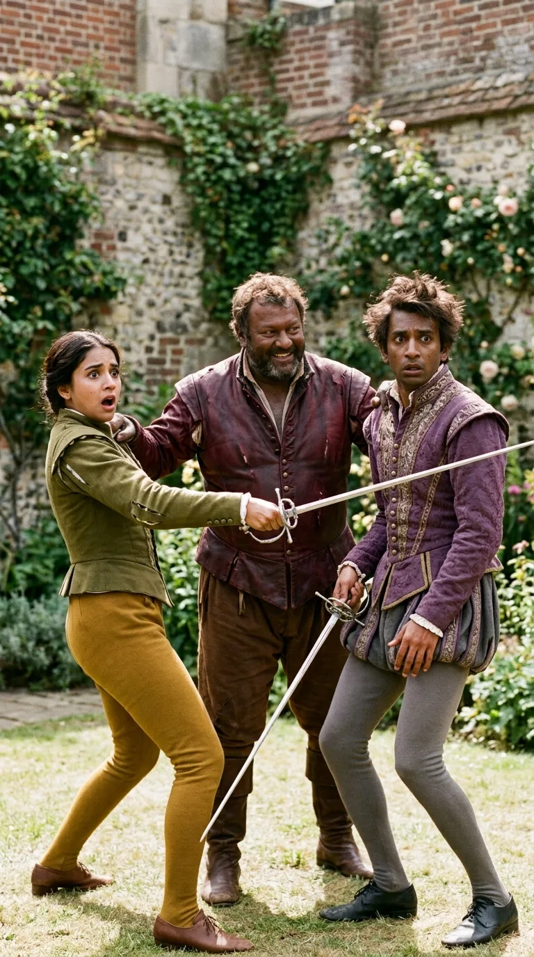 Viola, disguised as Cesario, is forced into a terrified, half-hearted duel with the cowardly Sir Andrew Aguecheek, both drawing swords with visible reluctance as Sir Toby Belch eggs them on.