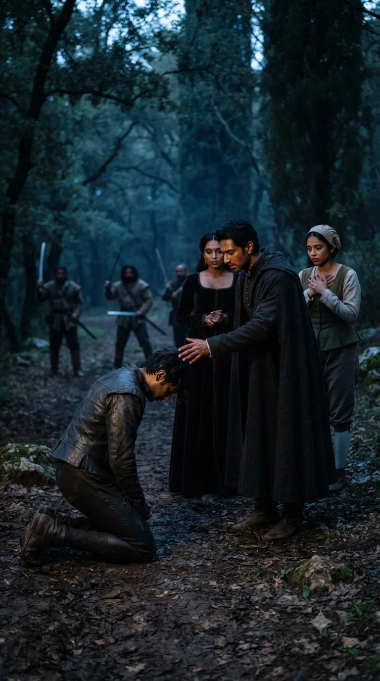 On a forest road among outlaws, Proteus kneels in apology before Valentine, who reaches out in forgiveness, while Silvia and Julia look on.