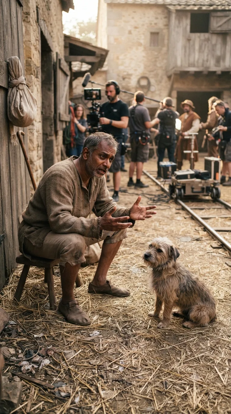The servant Launce sits on a milking stool in a stable yard, gesturing in one-sided, exasperated conversation at his unmoved dog Crab.