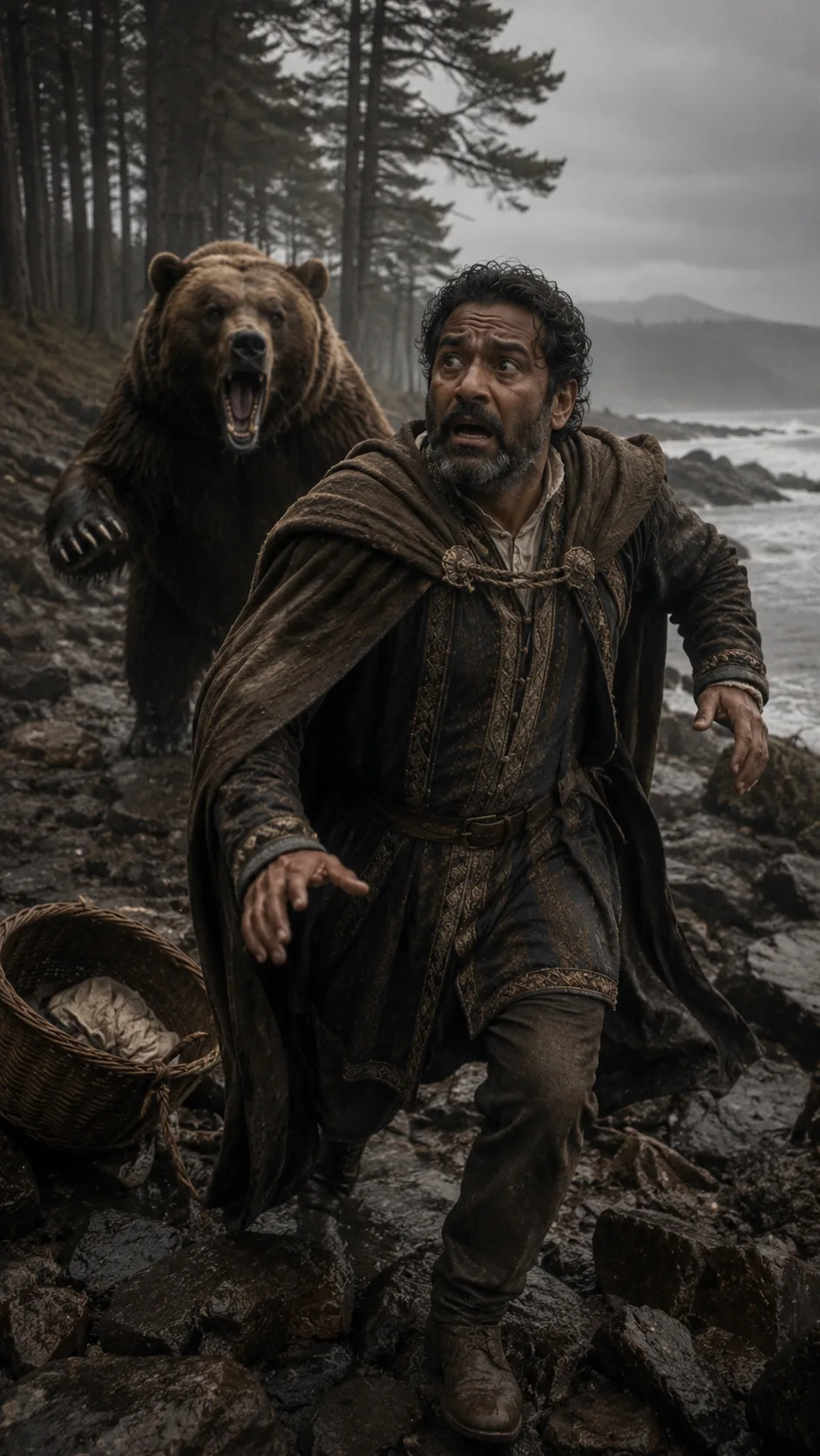 On the wild Bohemian coast, the old courtier Antigonus flees in terror clutching the infant Perdita's basket as a huge bear bursts from the tree line behind him.