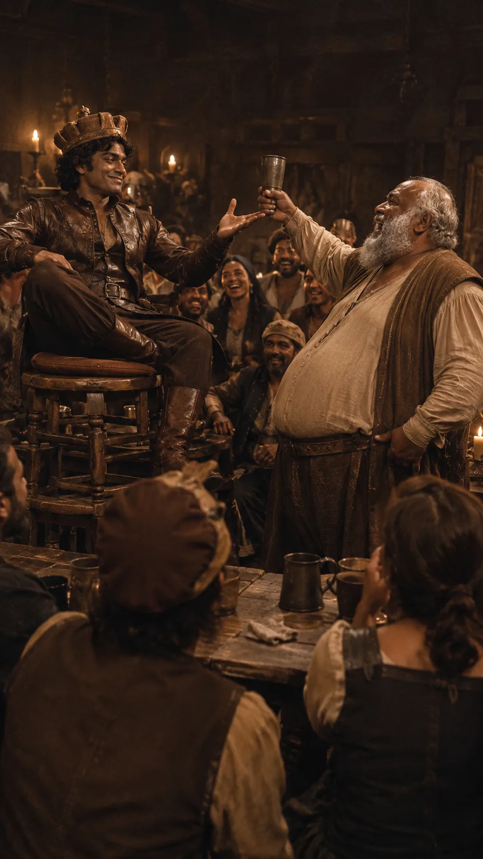 In a smoky Eastcheap tavern, Prince Hal and the fat, roguish Falstaff act out a mock scene of kingship, tankards raised, tavern folk laughing around them.