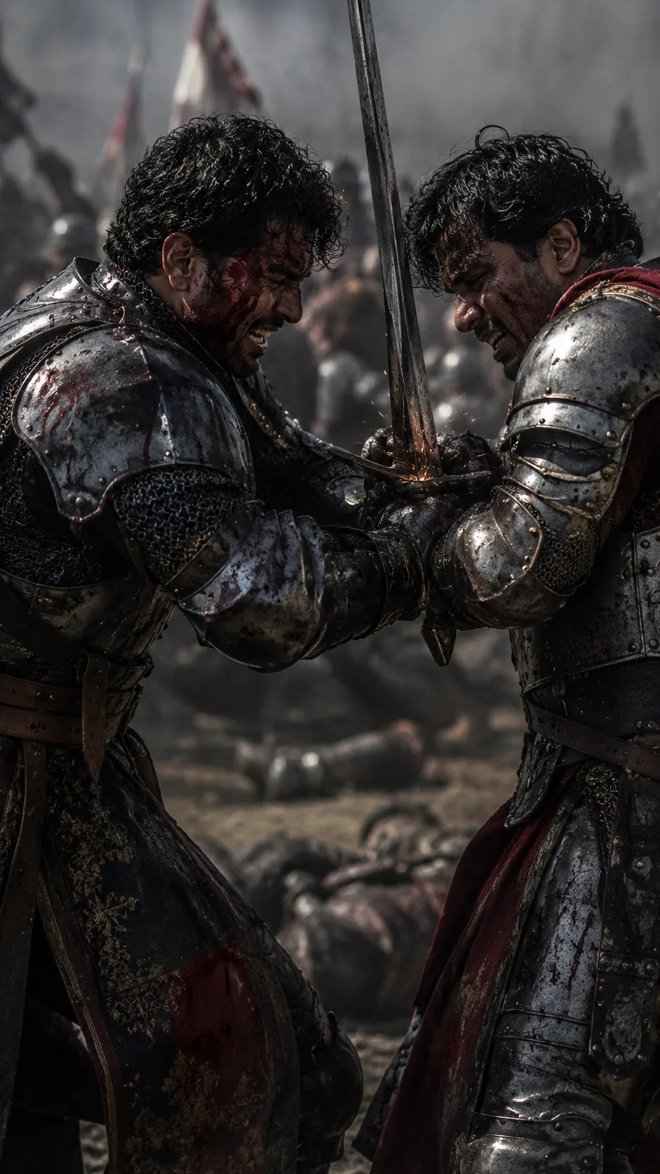 Prince Hal duels Hotspur on the smoke-hazed battlefield of Shrewsbury, from Henry IV, Part 1