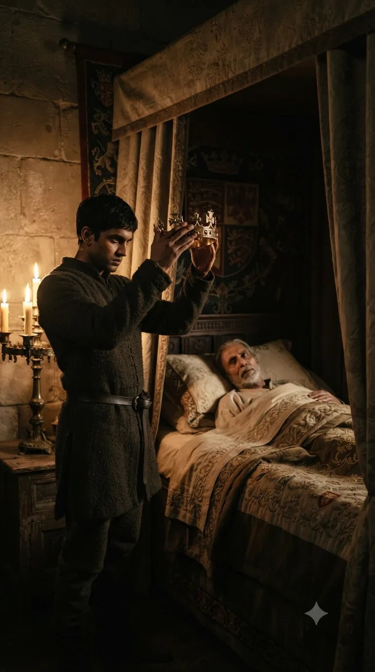 Prince Hal lifts the crown from his sleeping, dying father's pillow and tries it on, unaware King Henry IV's eyes are opening behind him.