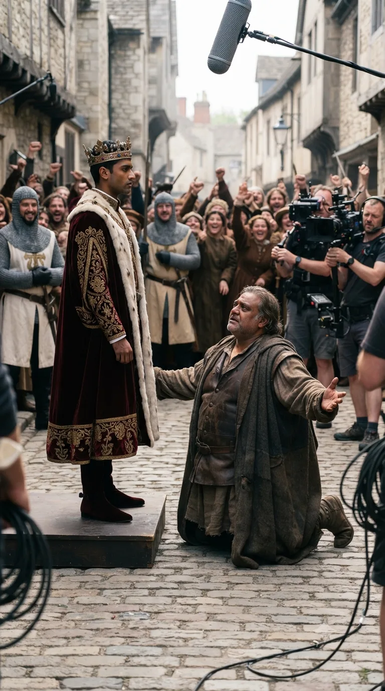 Newly crowned King Henry V, in coronation robes, coldly turns away a hopeful, kneeling Falstaff before the crowd — 