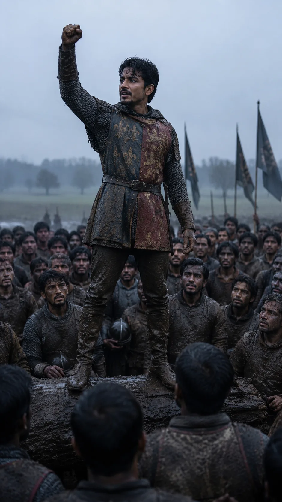 King Henry V, bare-headed in plain armor, rallies his exhausted, outnumbered troops with the St. Crispin's Day speech at dawn before Agincourt.