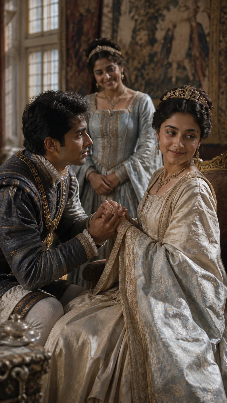 In the French court after the war, King Henry V, armor traded for fine dress, clumsily and earnestly courts Princess Katherine of France before her watching attendant.