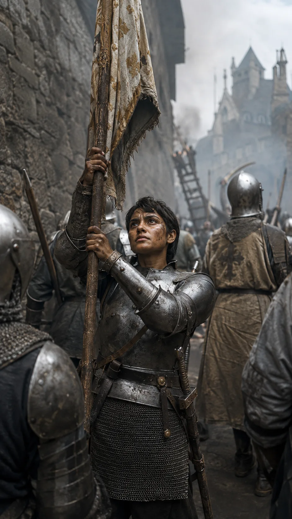 Joan la Pucelle, in dented armor, holds a banner aloft before the walls of Orléans, rallying French soldiers surging past her.