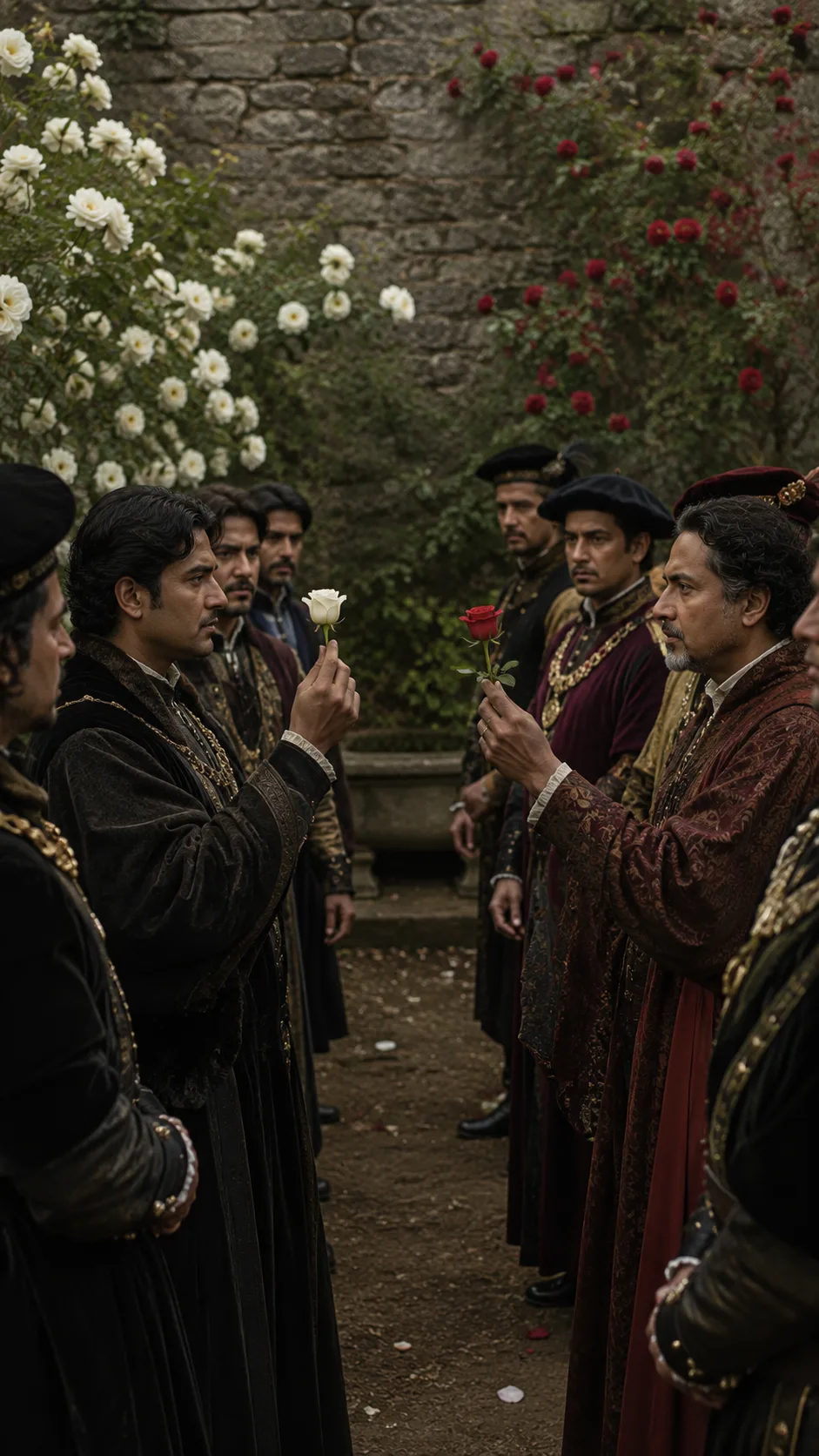 In the Temple Garden, Richard Plantagenet and the Duke of Somerset each pluck a rose — white and red — as rival lords choose sides around them.
