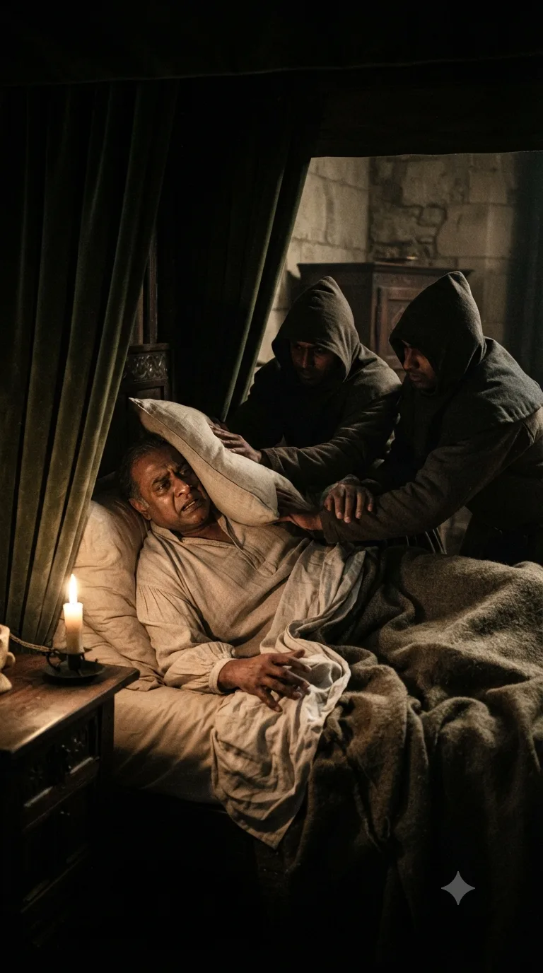 In a dim bedchamber, conspirators press a pillow over the Duke of Gloucester as he wakes too late to fight them off, his hands grasping weakly at the sheets.