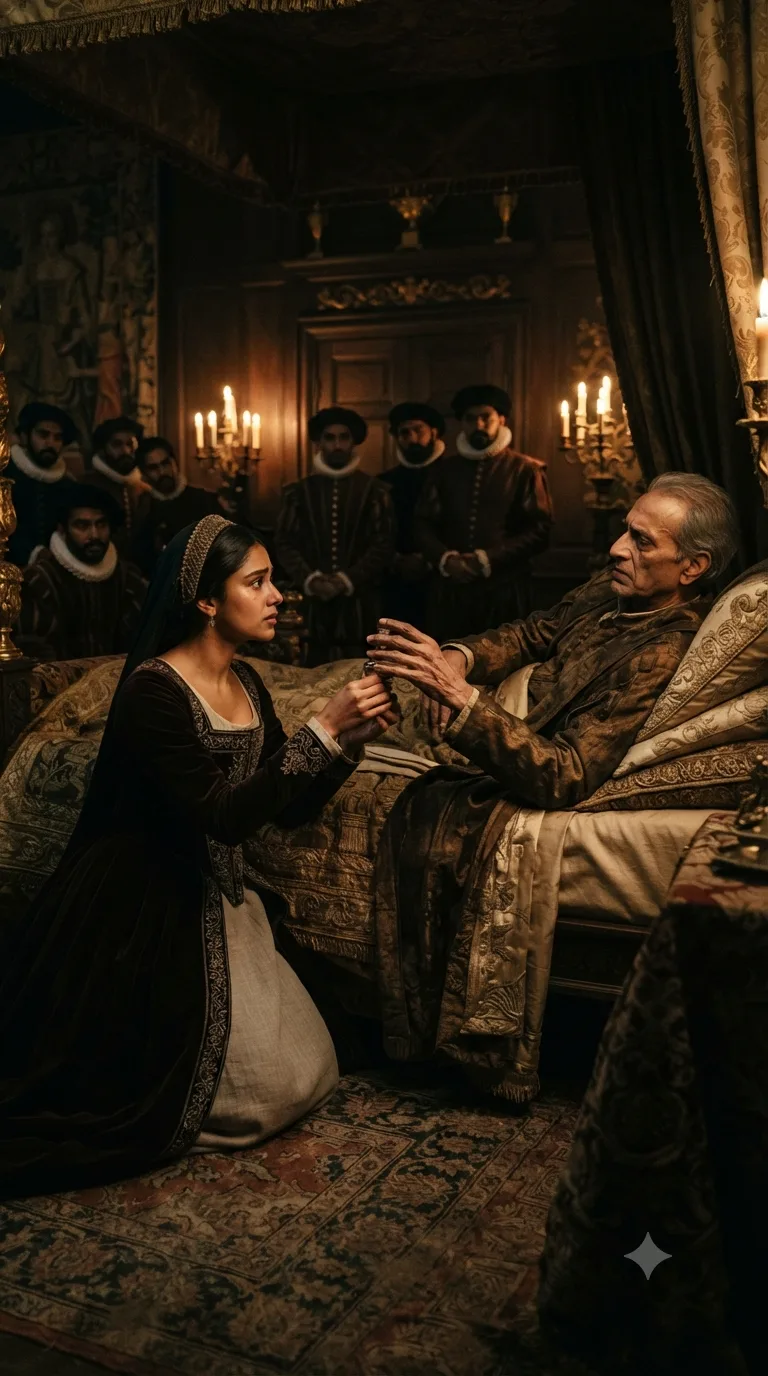 Helena, kneeling before the ailing King of France, offers her late father's remedy in exchange for the husband of her choosing.