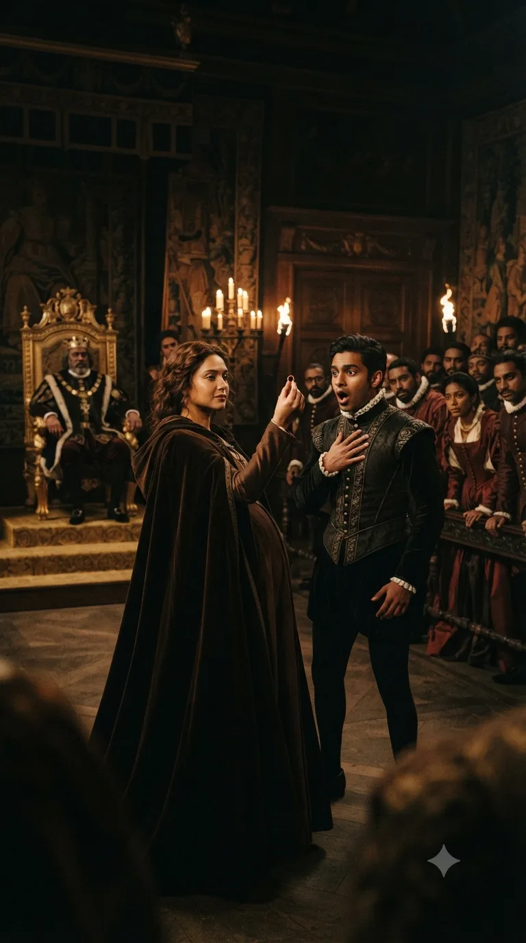In the final court scene, Helena reveals herself alive and pregnant, holding up Bertram's own ring as proof his conditions are met, as a stunned Bertram looks on.