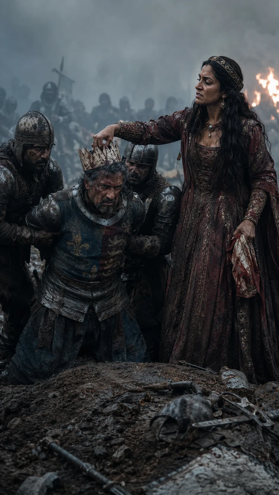 The defeated Duke of York, forced to his knees atop a molehill on a smoky battlefield, is mocked with a paper crown by a triumphant Queen Margaret.