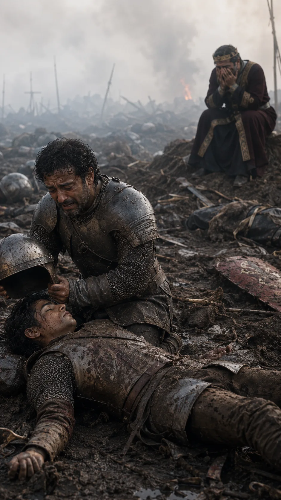 On the same battlefield, a soldier removes the helmet of the man he has just killed and discovers, in horror, that it is his own son, while nearby King Henry VI looks on in anguish.