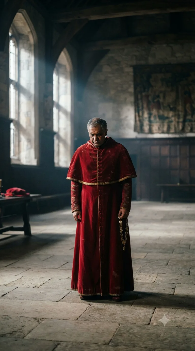 Cardinal Wolsey, alone in a vast empty Tudor hall, stares at the gold chain of office he has just removed, his ruin settling over him.