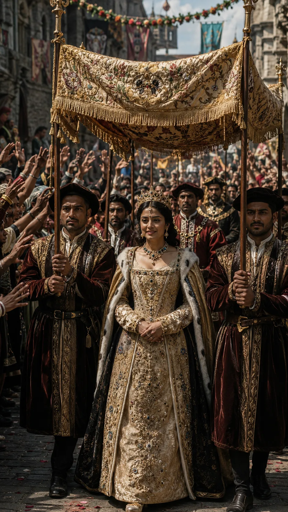 Anne Boleyn, crowned and robed in state, processes beneath a canopy through cheering crowds on her coronation day.