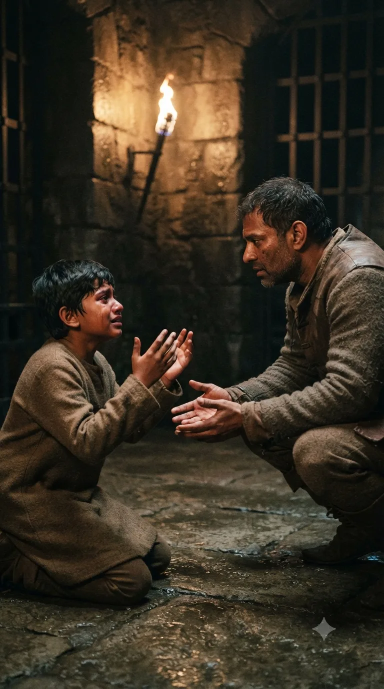 The jailer Hubert sets aside the irons meant to blind young Prince Arthur, unable to go through with it, as the boy kneels pleading before him in a bare dungeon cell.