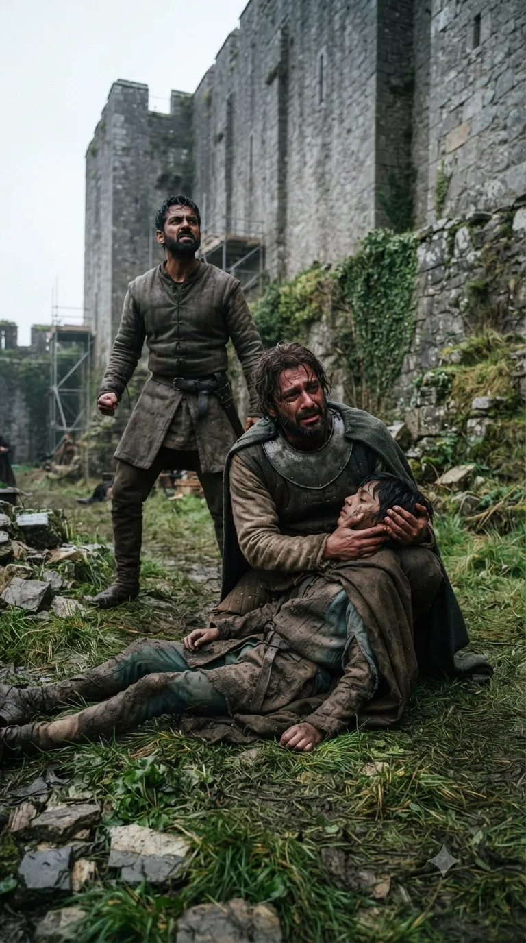 Lords discover young Prince Arthur's still body at the foot of a castle wall after his desperate leap, kneeling over him in grief and rising fury.