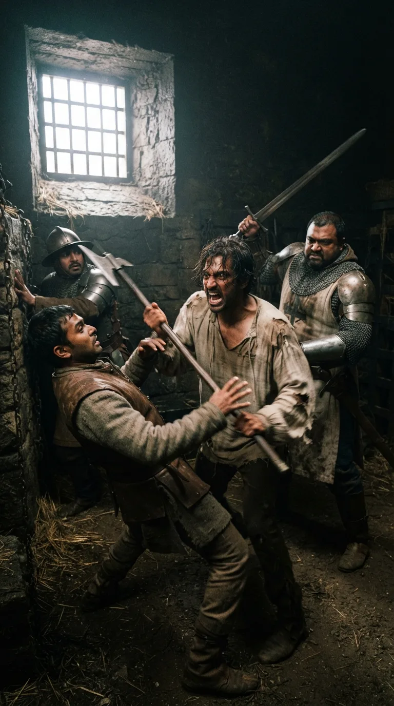 In his cell at Pomfret Castle, Richard II seizes an axe from one of his attacking guards and fights back as Exton closes in to stop him.