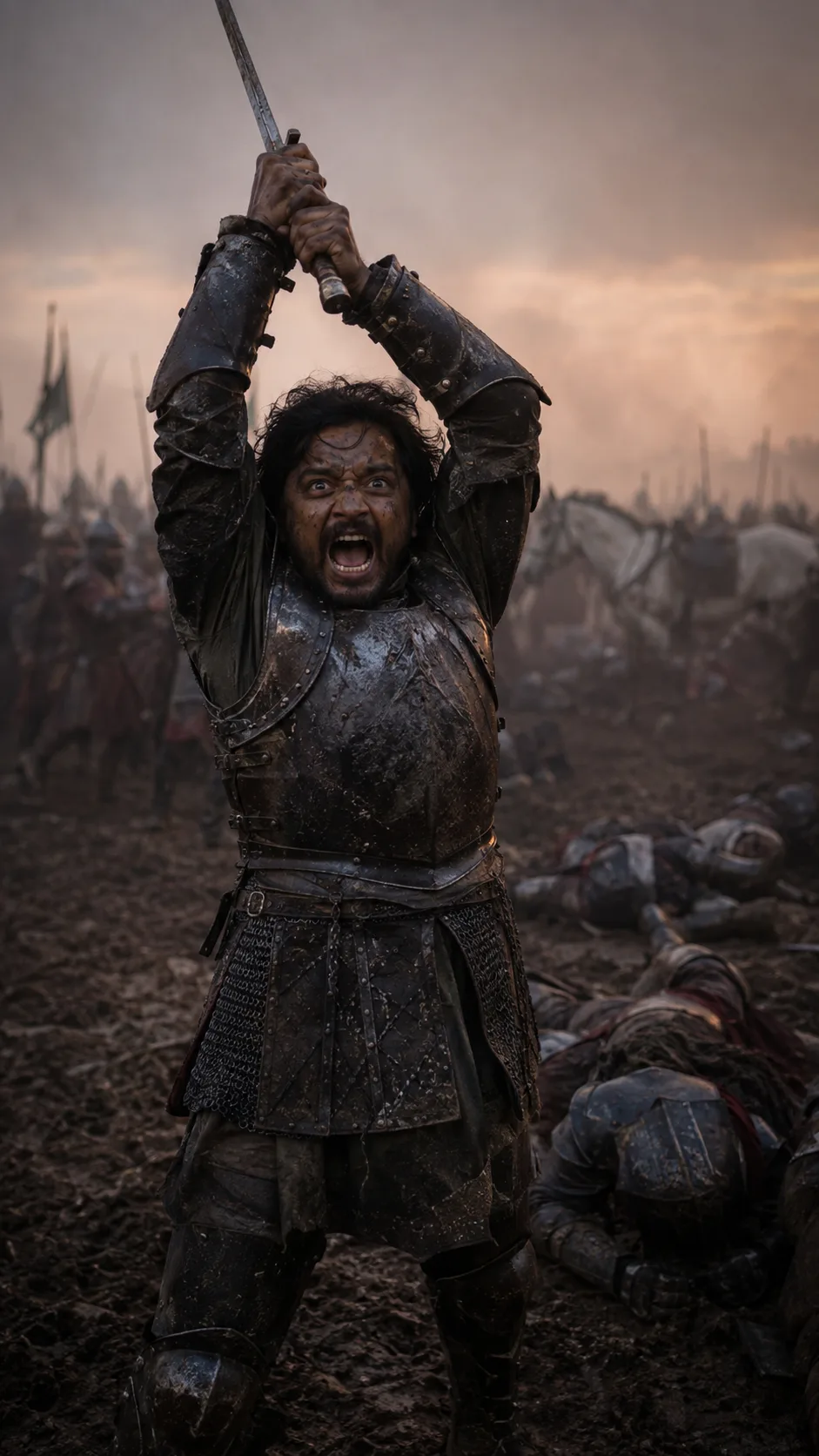 Unhorsed on the field at Bosworth, King Richard III, dented and dust-streaked, roars for a mount as enemy soldiers close in around him.