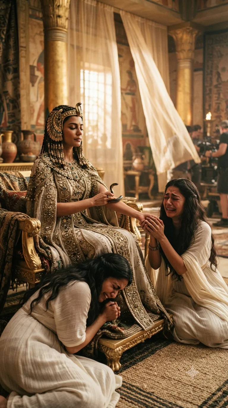 Queen Cleopatra, enthroned in full royal dress, presses a small asp to her bare arm while her handmaidens Charmian and Iras weep beside her.