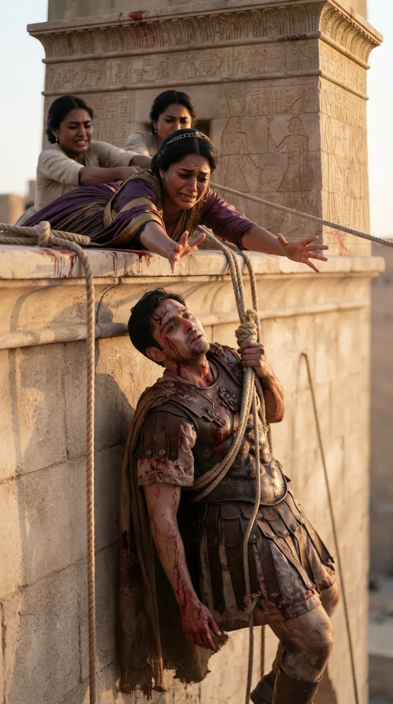 Attendants strain to hoist the dying Antony up into Cleopatra's monument by ropes, as she reaches down desperately to pull him toward her.