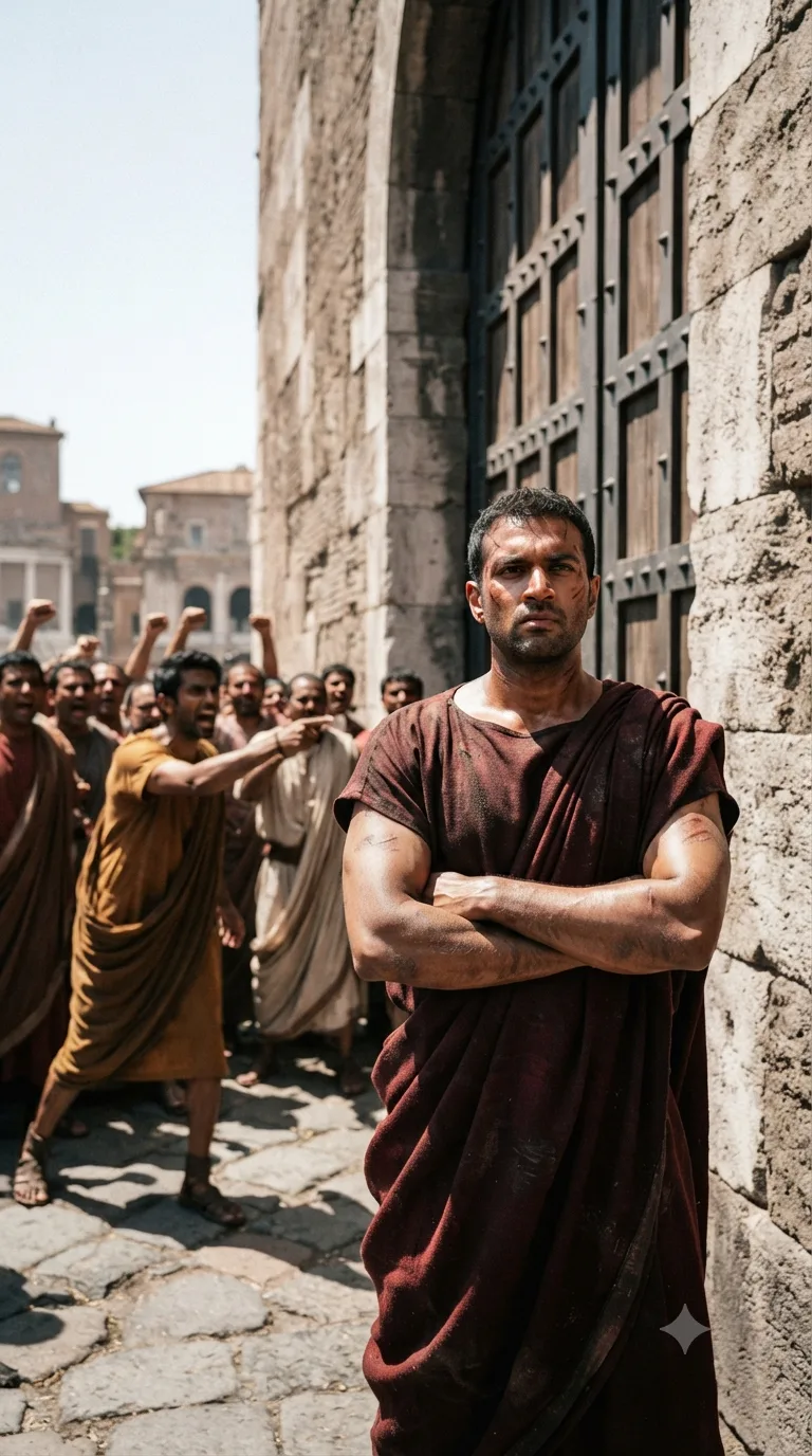 The Roman general Coriolanus stands rigid and defiant before the closed gates of Rome as the tribune Sicinius incites a jeering plebeian mob behind him.