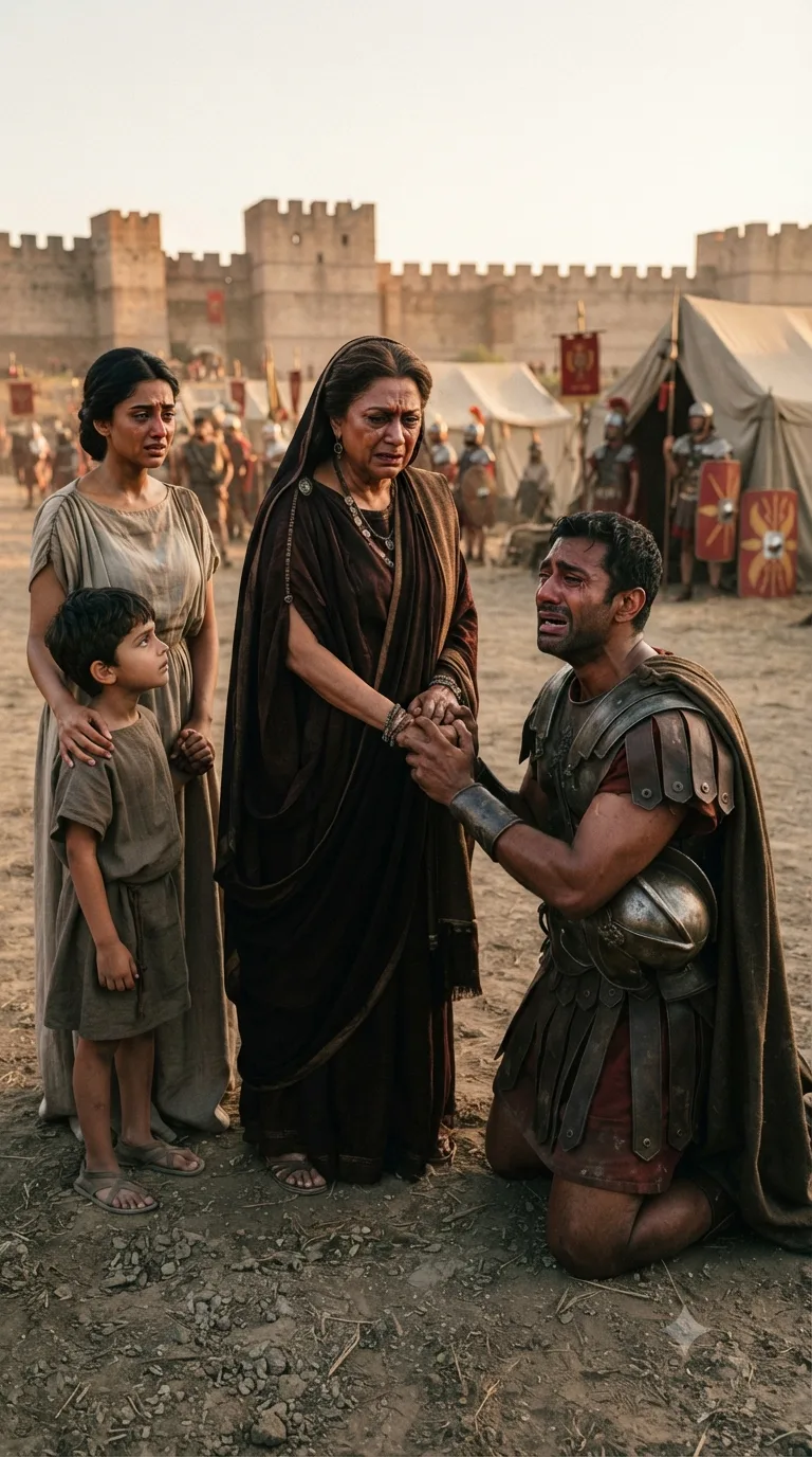 Outside the gates of Rome, Coriolanus kneels before his mother Volumnia, his wife Virgilia and young son beside her, yielding to her plea and sparing the city.