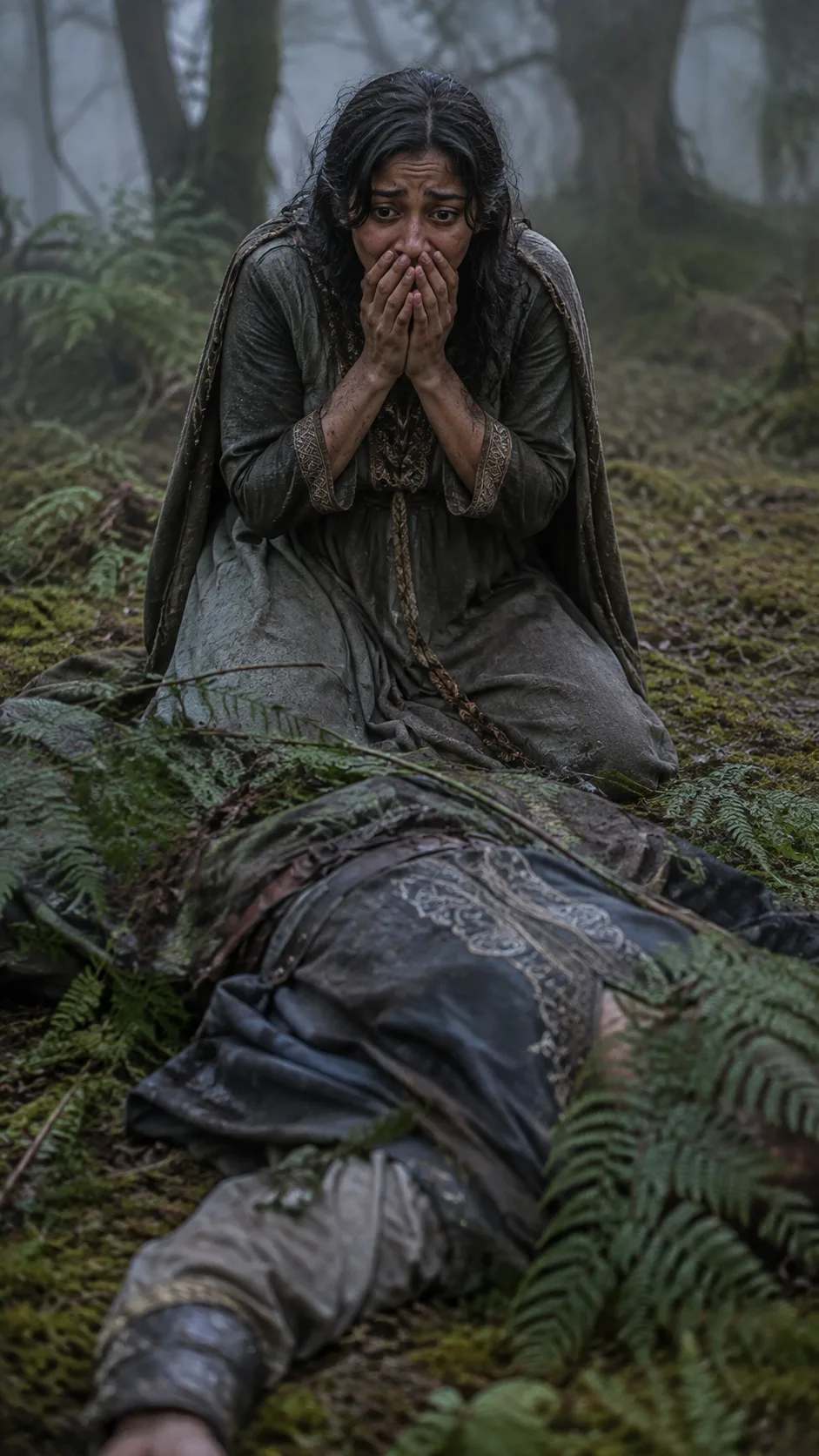 Imogen wakes in a forest beside the fallen body of Cloten, his face hidden from view, dressed in her husband Posthumus's clothes, and mistakes it for him.