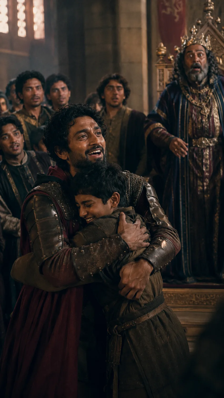 At the royal court, Imogen — still disguised as the page Fidele — is joyfully recognized and embraced by Posthumus, as King Cymbeline and the assembled court look on in astonishment.