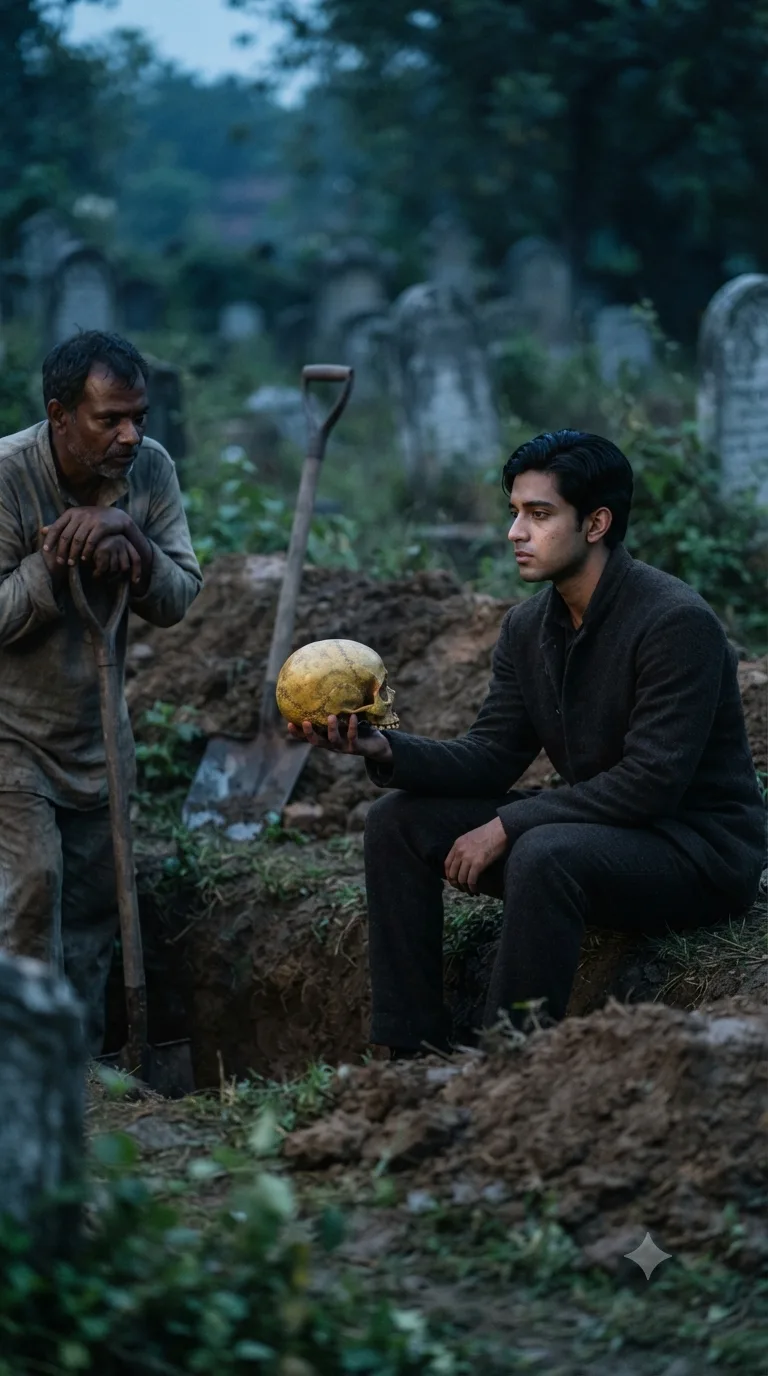 Hamlet, in a graveyard at dusk, holds up the skull of Yorick the jester at arm's length, gazing at it in melancholy contemplation beside the gravedigger.