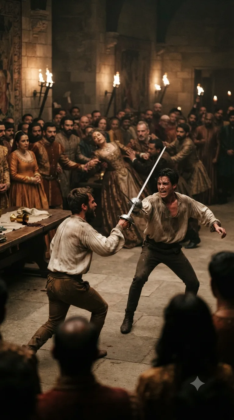 In the final duel, Hamlet and Laertes fence before the watching court as the poisoned cup and rapier take their toll, bodies already beginning to fall.