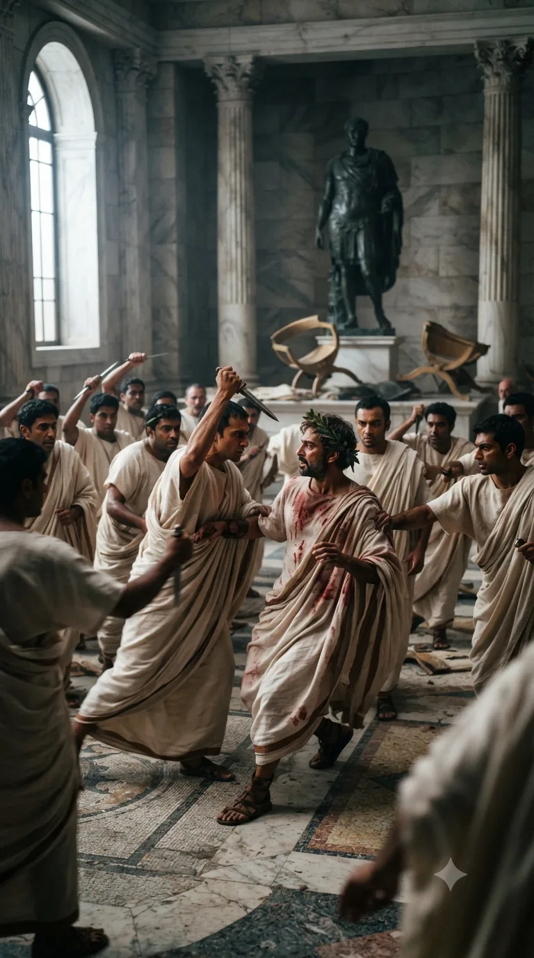 Caesar staggers backward at the foot of Pompey's statue as Brutus, Cassius, and the other conspirators close in with drawn daggers on the floor of the Roman Senate.