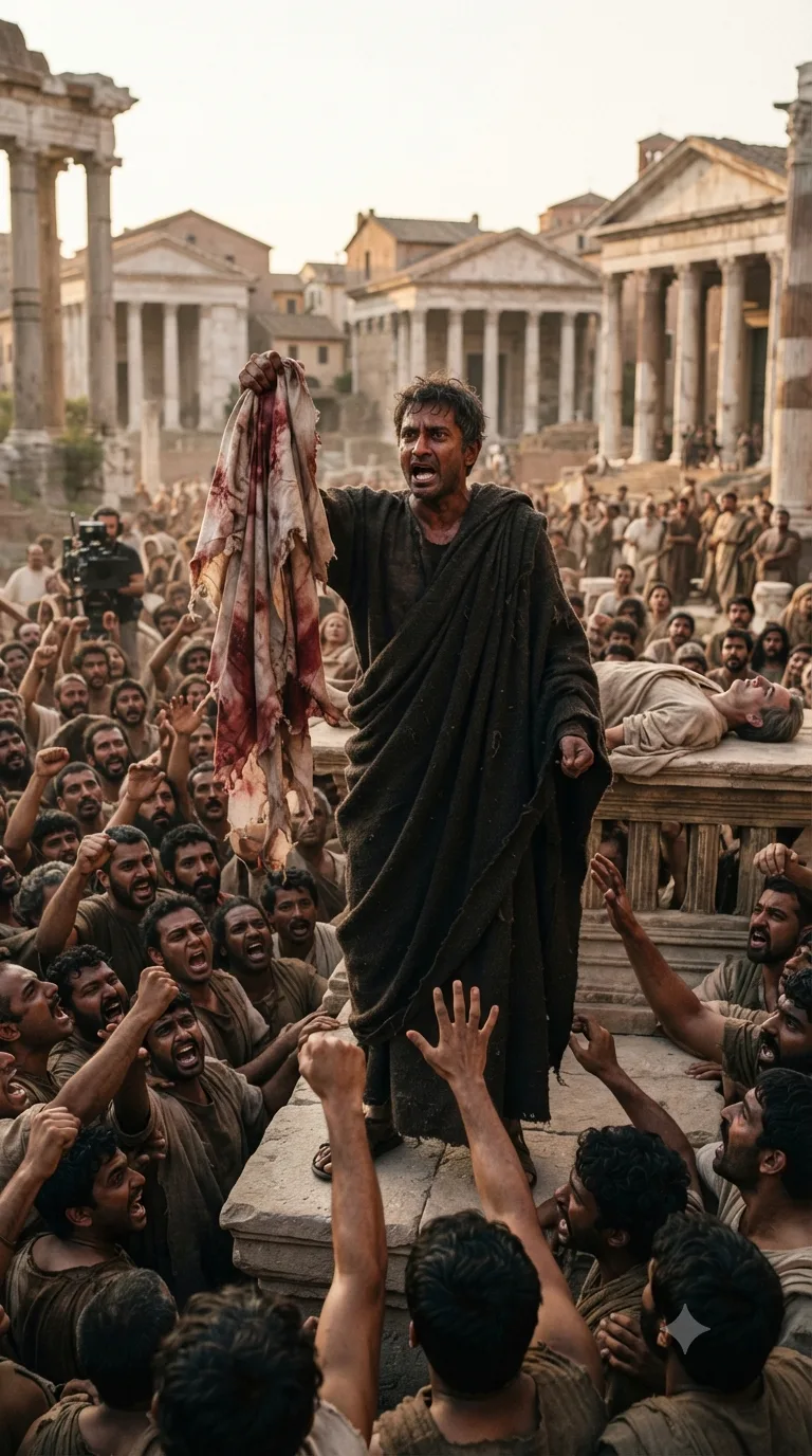 Mark Antony stands over Caesar's body in the Forum, holding up his torn toga to the incited crowd during his funeral oration.