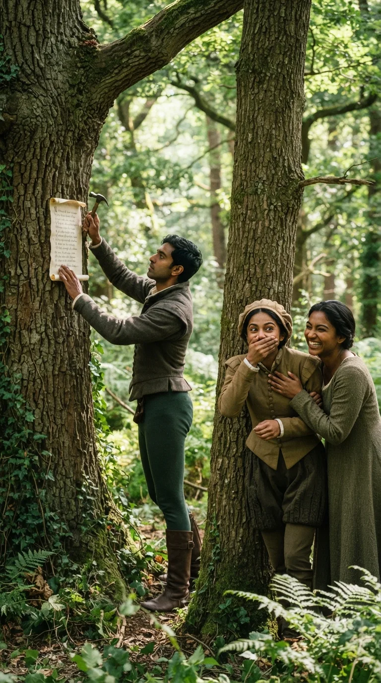 In the Forest of Arden, Orlando pins a love poem to a tree while Rosalind, disguised as the youth Ganymede, and her cousin Celia watch from hiding, barely containing themselves.