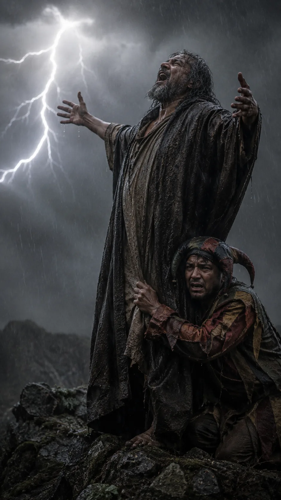 On a wind-lashed heath in a raging storm, the old King Lear roars into the thunder with arms flung wide, his Fool huddled at his feet.