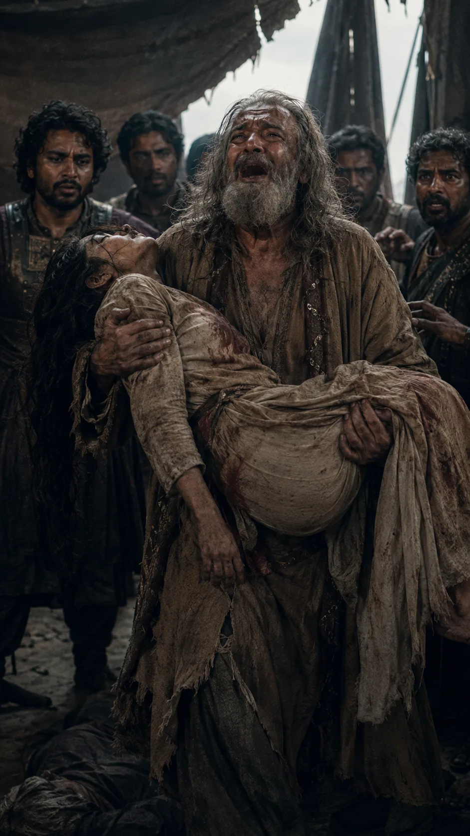 King Lear staggers in carrying the body of his dead daughter Cordelia in his arms, howling in grief before the stunned survivors of the court.