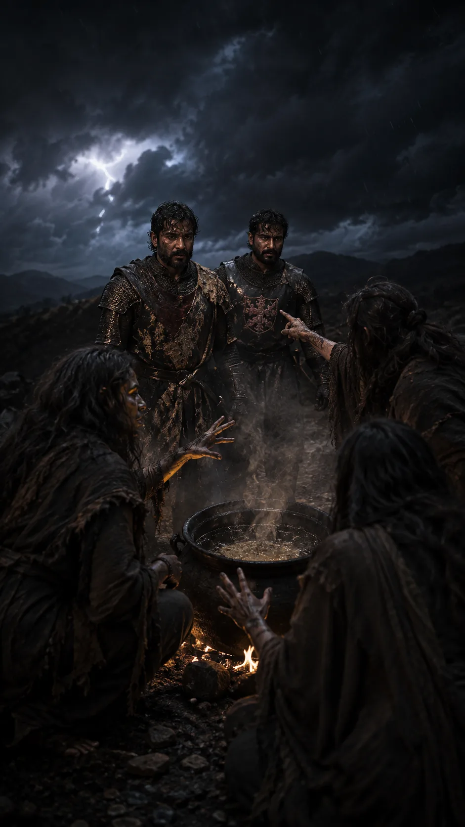 Three witches stir a cauldron on a storm-lashed moor as Macbeth looks on, from Macbeth