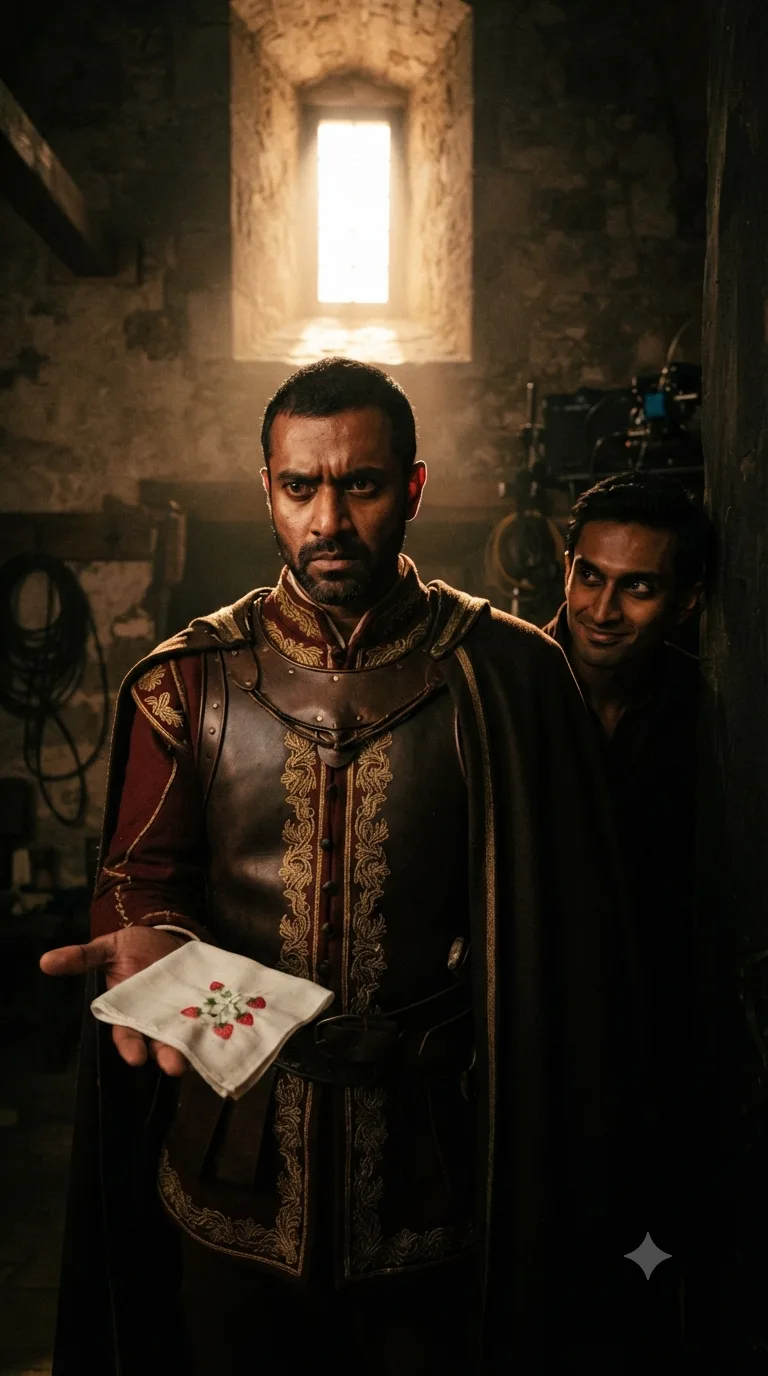 Othello stares at a small embroidered handkerchief in his palm, his face darkening with jealous suspicion, while Iago watches from the shadows behind him.