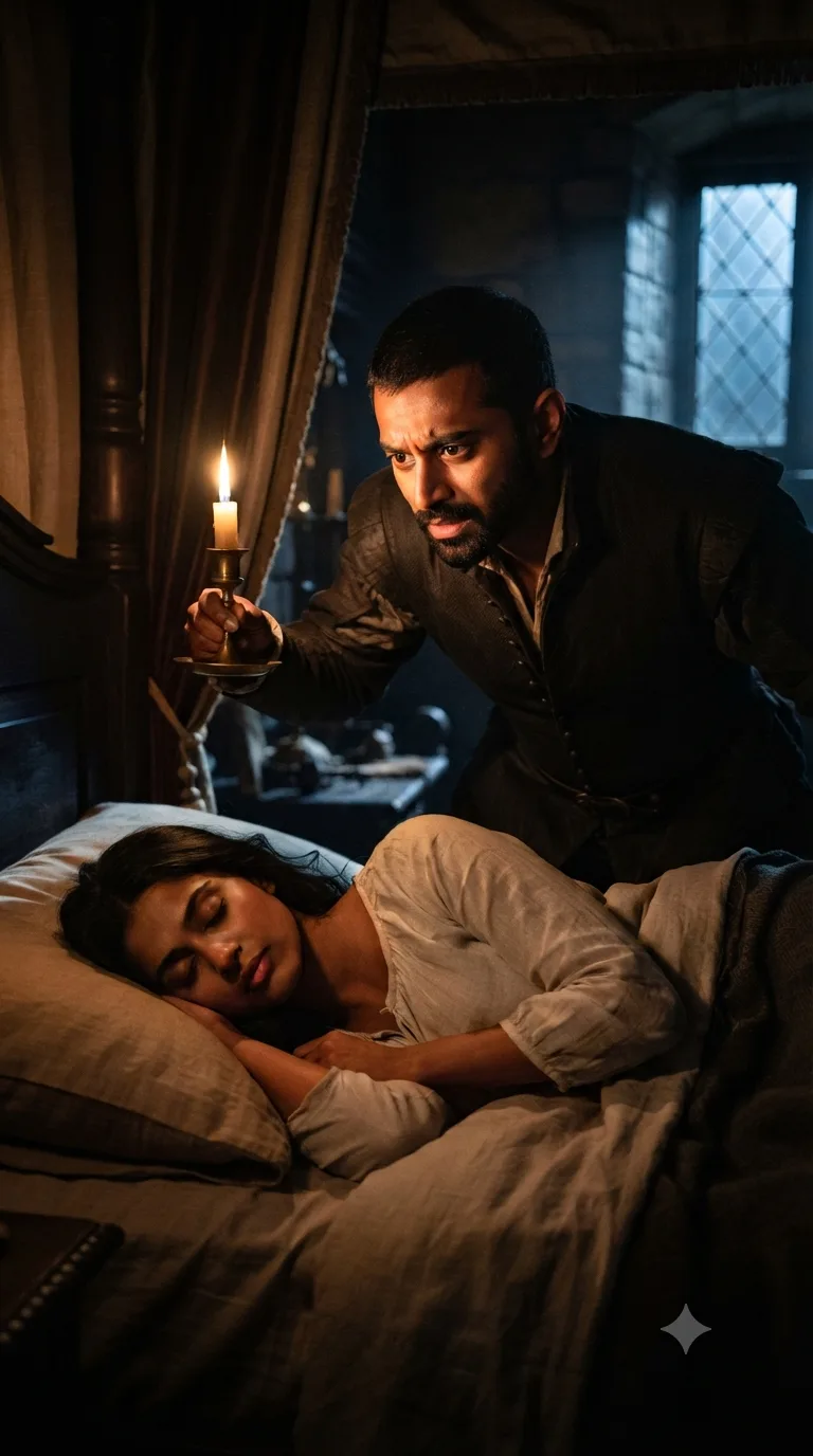 In the bedchamber, Othello leans over a sleeping Desdemona, candle in one hand, his face a mask of anguished, unreadable resolve.