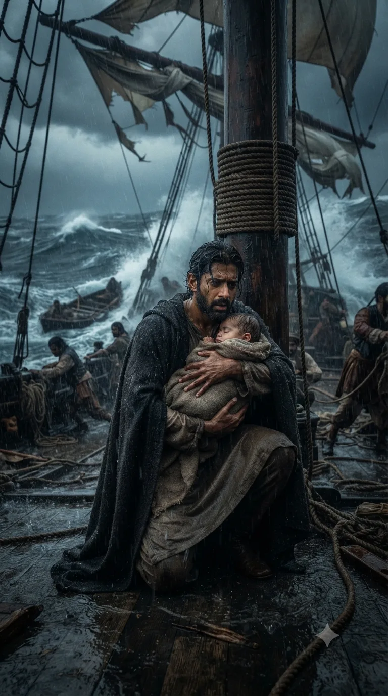 Pericles, braced on the storm-battered deck of his ship, cradles his newborn daughter Marina against his chest as enormous waves crash around him.