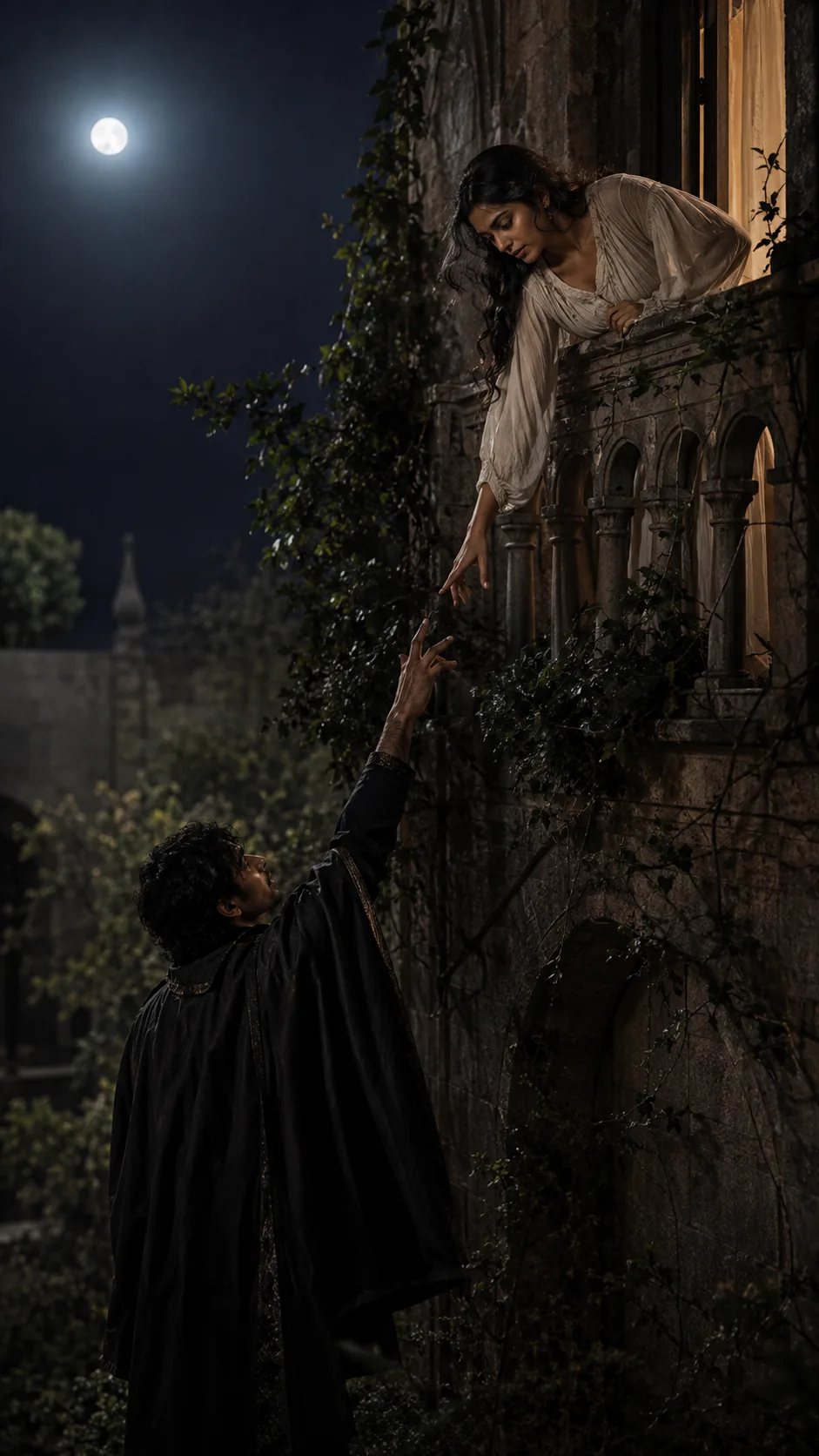 Juliet leans from her moonlit balcony toward Romeo standing below, from Romeo and Juliet