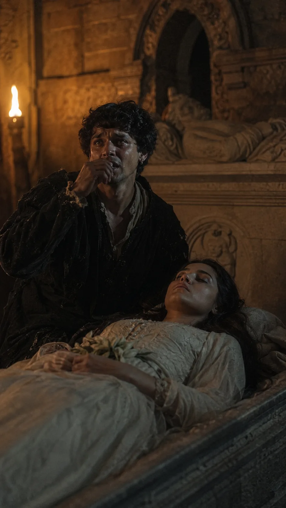 In the dim Capulet tomb, Romeo lifts a small glass vial to his lips beside the seemingly lifeless Juliet, unaware she is only sleeping and about to wake.