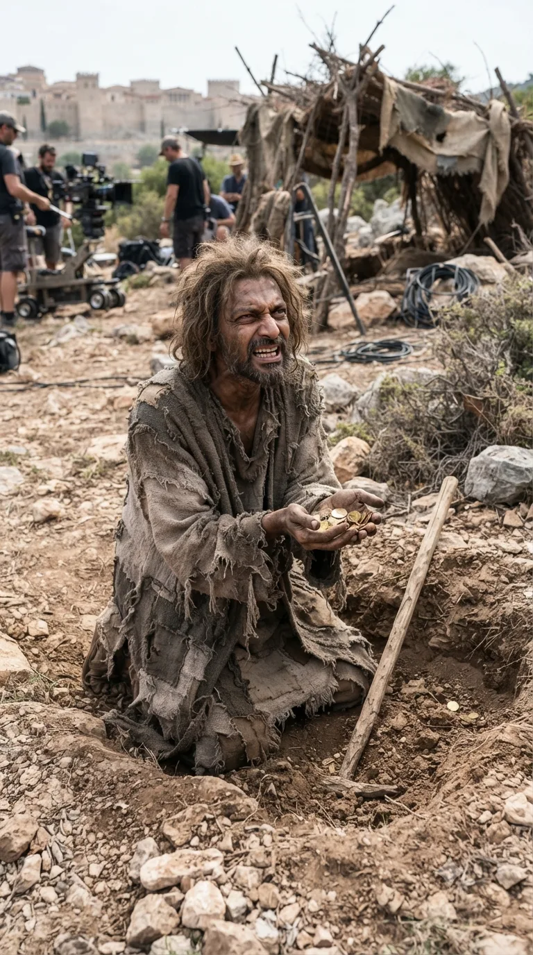 Timon, ragged and alone in the wilderness outside Athens, digs in the dirt and stares in bitter, disgusted disbelief at the gold he has unearthed.