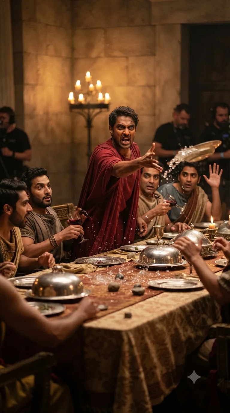 At his final banquet, Timon rips the covers off dishes filled with warm water and stones, hurling them at his former flattering friends seated stunned around the table.