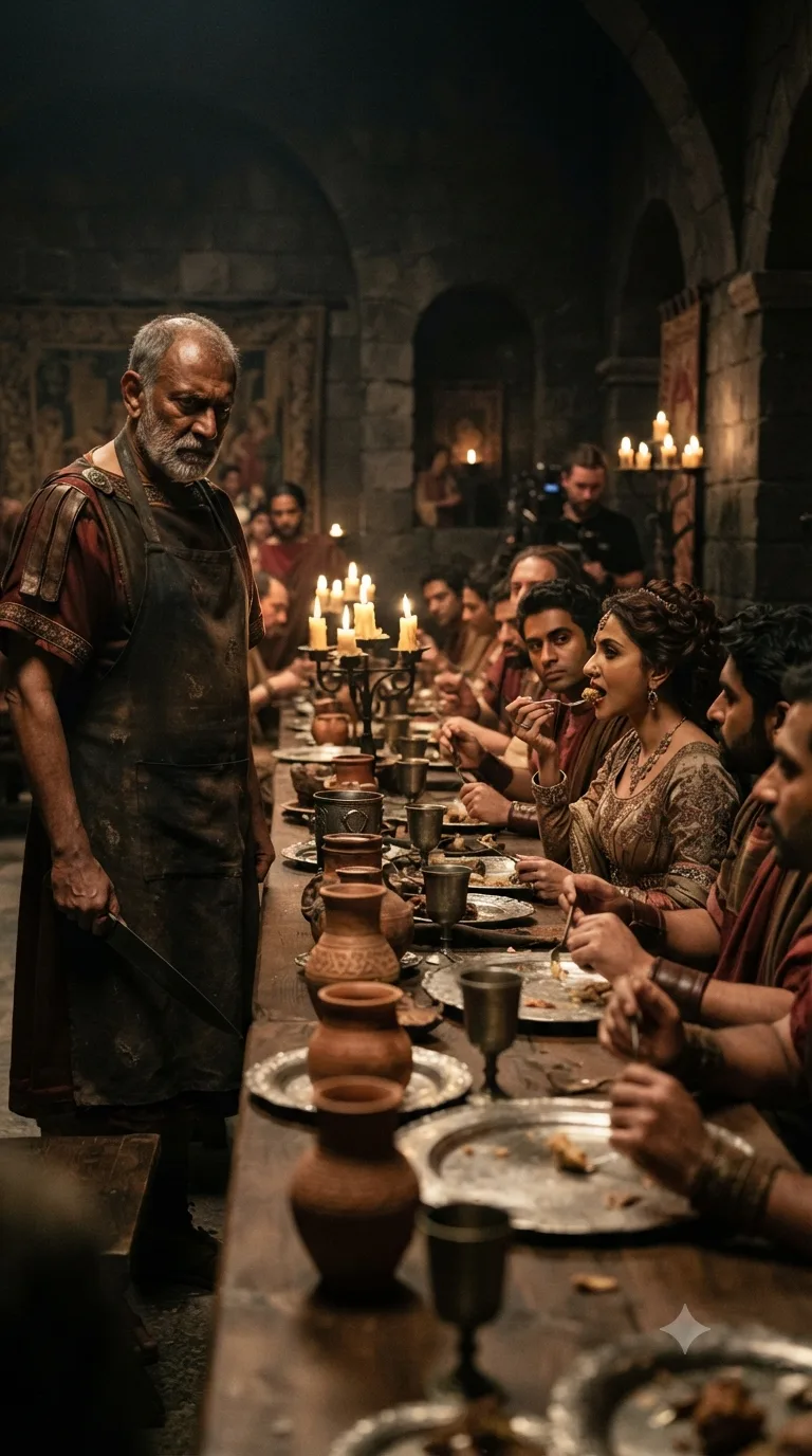 Titus, dressed as a cook, stands over the banquet table as Tamora unknowingly eats the pie baked from her own sons, Chiron and Demetrius.