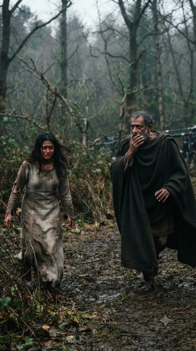 In a windswept forest clearing, the wounded Lavinia stumbles into view, unable to speak, discovered in horror by her uncle Marcus.